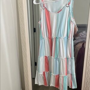 Tiered Striped Sundress - Coral, Light Blue & White